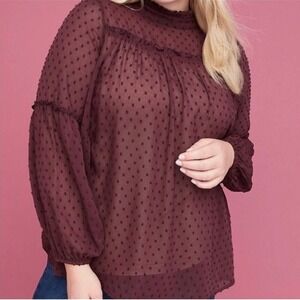 Lane Bryant Plum Purple Swiss Dot Mock Neck Ruffle Babydoll Blouse Top Womens 20